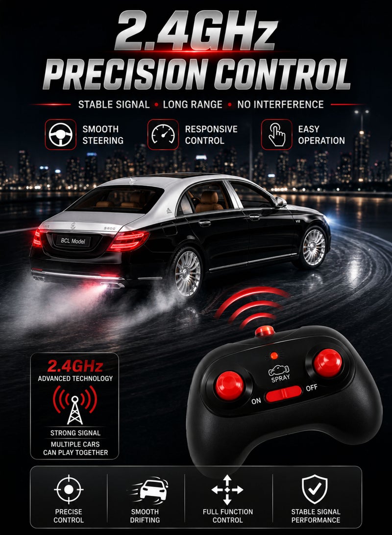 Funsterz 1:22 Luxury Mercedes-Benz Maybach S600 RC Spray Car Die-Cast Alloy Metal Body Remote Control Toy Car with LED Headlights Engine Sound Opening Doors Hood Trunk 2.4GHz Rechargeable Battery Drift Style Collectible Model Car for Kids Boys Girls Adults Car Lovers - Image 5