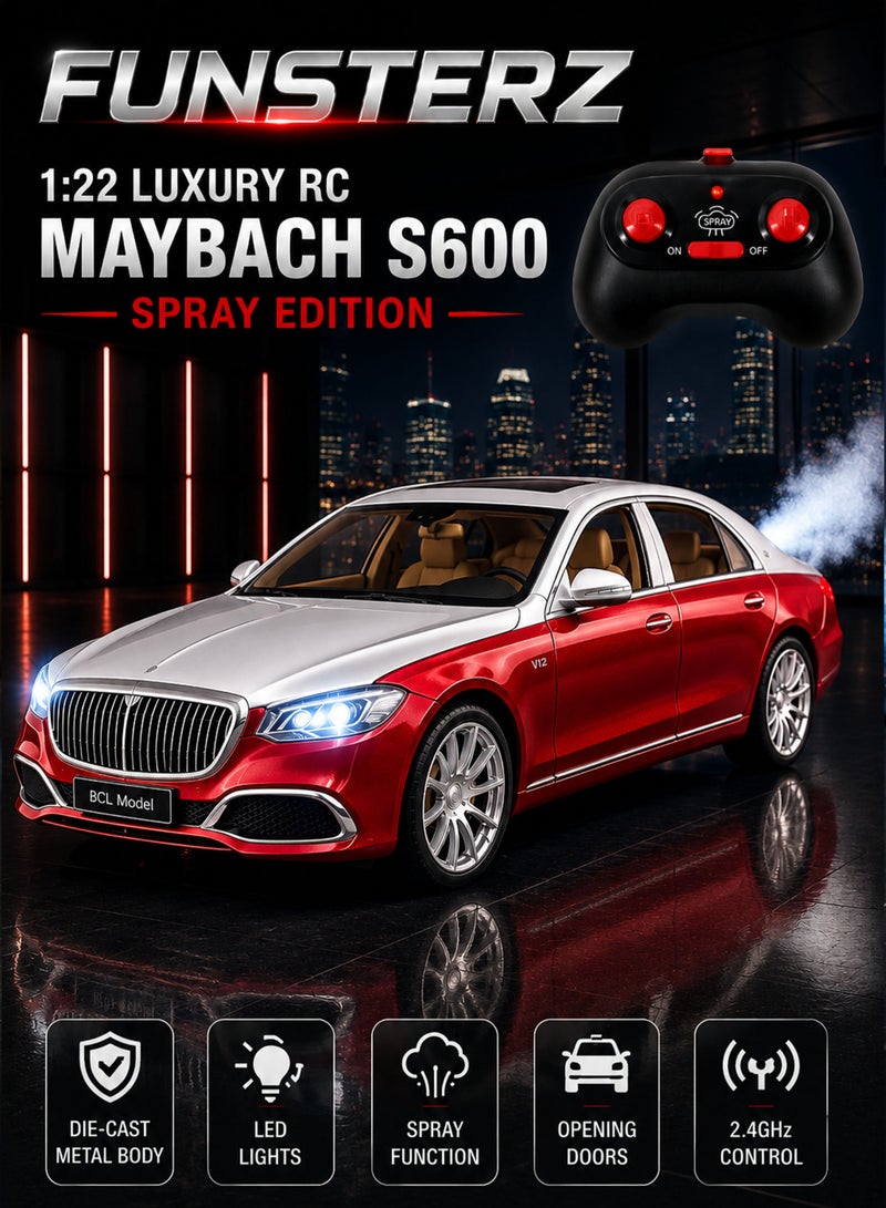 Funsterz 1:22 Luxury Mercedes-Benz Maybach S600 RC Spray Car Die-Cast Alloy Metal Body Remote Control Toy Car with LED Headlights Engine Sound Opening Doors Hood Trunk 2.4GHz Rechargeable Battery Drift Style Collectible Model Car for Kids Boys Girls Adults Car Lovers - Image 1