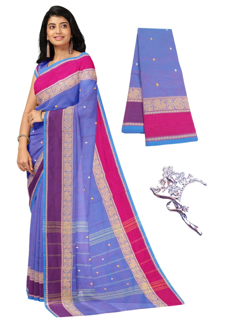 NandaVanam Women's Chettinad Pure Cotton Sarees With Peacock Thread Border | Chettinad Cotton Saree with Blouse | Cotton Sarees Daily use All Occasion Wear (Blue) - Image 1
