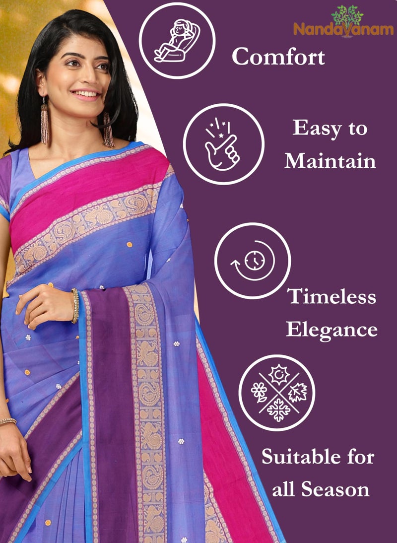 NandaVanam Women's Chettinad Pure Cotton Sarees With Peacock Thread Border | Chettinad Cotton Saree with Blouse | Cotton Sarees Daily use All Occasion Wear (Blue) - Image 4