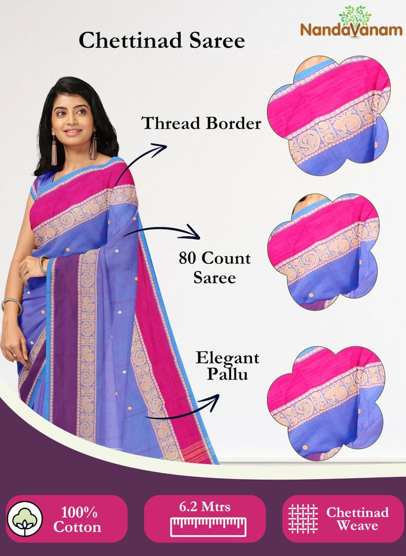 NandaVanam Women's Chettinad Pure Cotton Sarees With Peacock Thread Border | Chettinad Cotton Saree with Blouse | Cotton Sarees Daily use All Occasion Wear (Blue) - Image 2