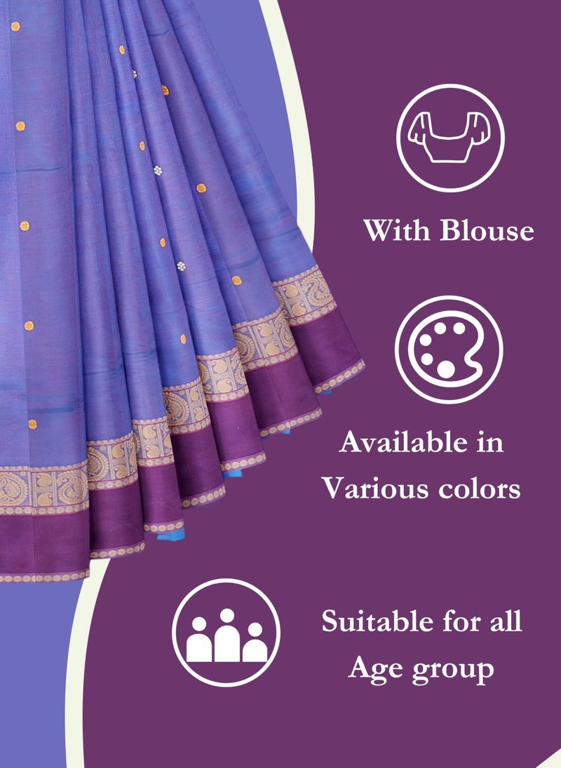 NandaVanam Women's Chettinad Pure Cotton Sarees With Peacock Thread Border | Chettinad Cotton Saree with Blouse | Cotton Sarees Daily use All Occasion Wear (Blue) - Image 5