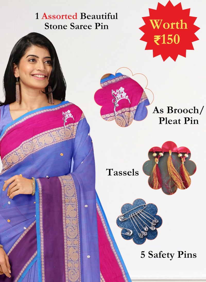 NandaVanam Women's Chettinad Pure Cotton Sarees With Peacock Thread Border | Chettinad Cotton Saree with Blouse | Cotton Sarees Daily use All Occasion Wear (Blue) - Image 3