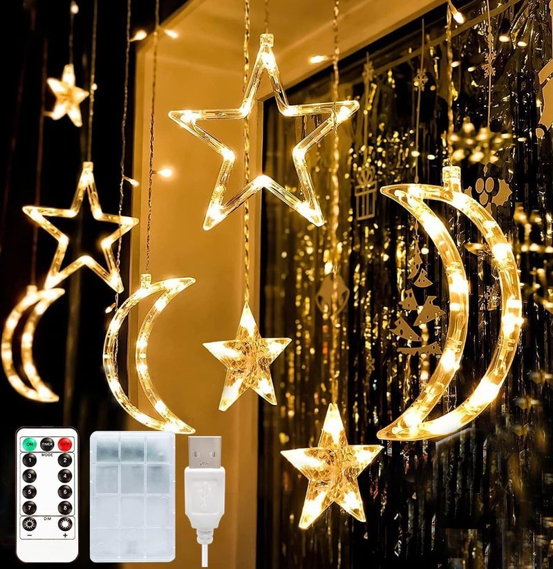 Pomefar Ramadan Decorations For Home, Star Moon Lights Outdoor Ramadan Lights, 8 Modes Waterproof Star Moon Curtain Lights Window Fairy Lights for Backyard Garden Patio Home Decor (style1) - Image 1