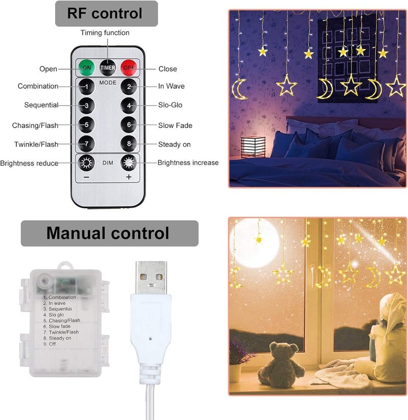 Pomefar Ramadan Decorations For Home, Star Moon Lights Outdoor Ramadan Lights, 8 Modes Waterproof Star Moon Curtain Lights Window Fairy Lights for Backyard Garden Patio Home Decor (style1) - Image 5