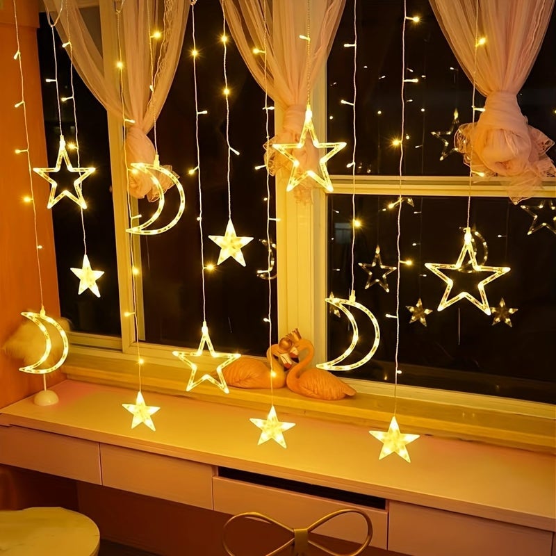 Pomefar Ramadan Decorations For Home, Star Moon Lights Outdoor Ramadan Lights, 8 Modes Waterproof Star Moon Curtain Lights Window Fairy Lights for Backyard Garden Patio Home Decor (style1) - Image 2