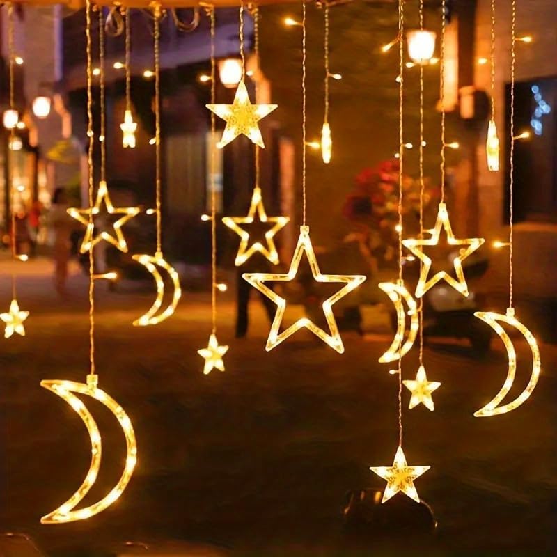 Pomefar Ramadan Decorations For Home, Star Moon Lights Outdoor Ramadan Lights, 8 Modes Waterproof Star Moon Curtain Lights Window Fairy Lights for Backyard Garden Patio Home Decor (style1) - Image 3