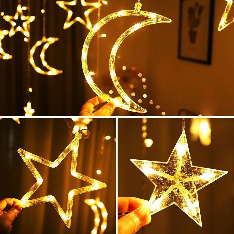 Pomefar Ramadan Decorations For Home, Star Moon Lights Outdoor Ramadan Lights, 8 Modes Waterproof Star Moon Curtain Lights Window Fairy Lights for Backyard Garden Patio Home Decor (style1) - Image 4