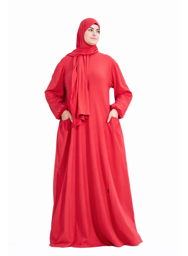 SATR HIJABI Women Cotton Isdal Prayer Set – Full Coverage 2-Piece Prayer Dress with Pockets, Soft Breathable Modest Islamic Wear Red - Image 1