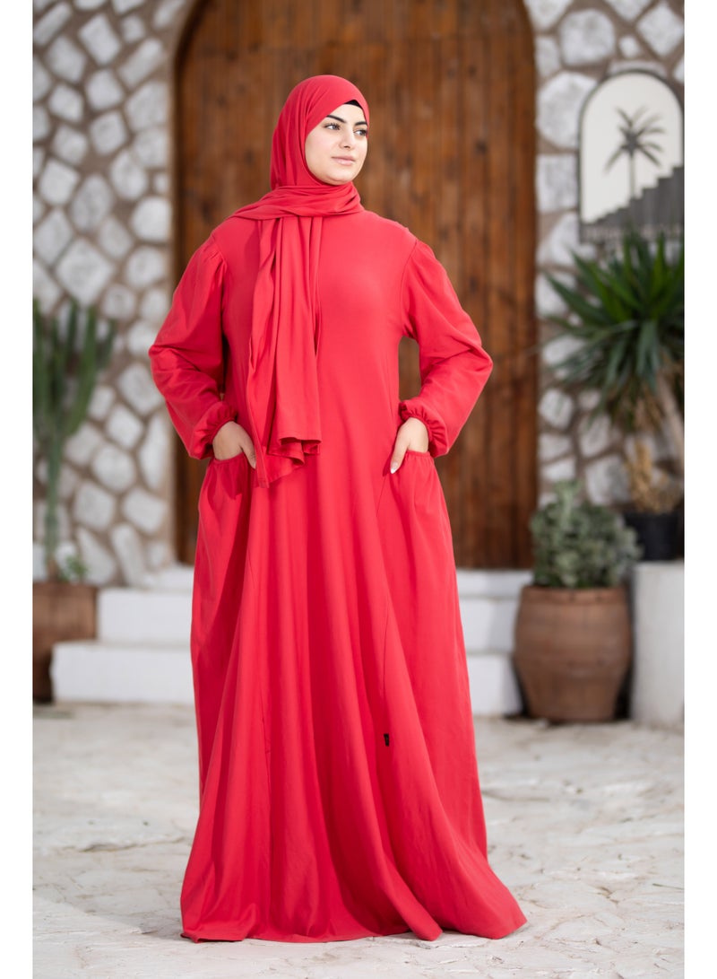 SATR HIJABI Women Cotton Isdal Prayer Set – Full Coverage 2-Piece Prayer Dress with Pockets, Soft Breathable Modest Islamic Wear Red - Image 2