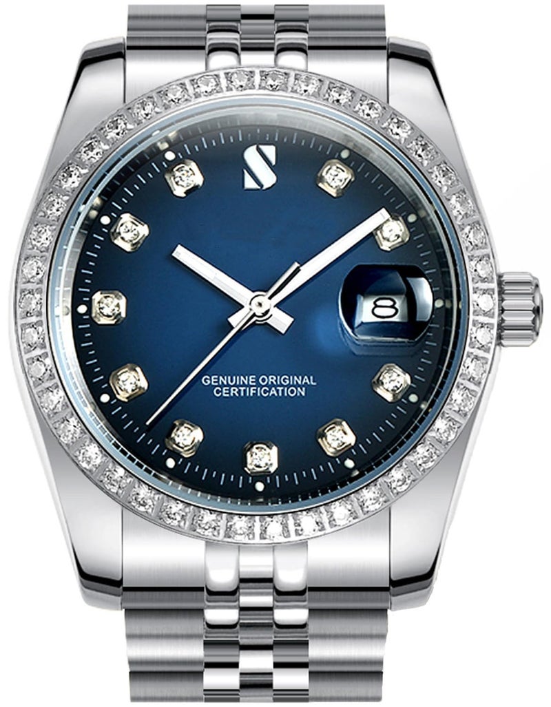 Reginald Automatic Watches for Men Stainless Steel Strap Calendar Waterproof Automatic Mechanical Watches Silver Blue