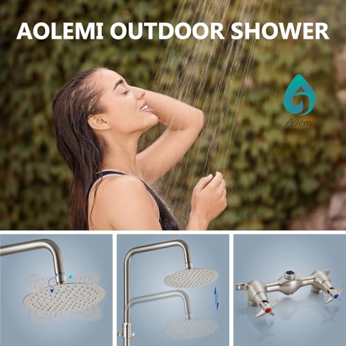 Aolemi Outdoor Shower Kit Outdoor Shower Fixtures Faucet System Double Handle Exposed Shower with 8 Inch Rainfall Shower Head Adjustable Height Shower Pipe 6 Inch Center Brushed Nickel - Image 3