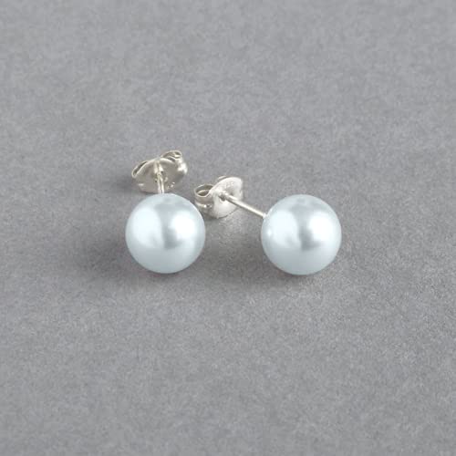 HIGHSPARK 925 Silver Classic Pearl Earrings for Women | 92.5 Sterling Silver & Brilliant Lustre Pearls | Lovely Gift for Women - Pearl Light Blue 8mm - Image 2