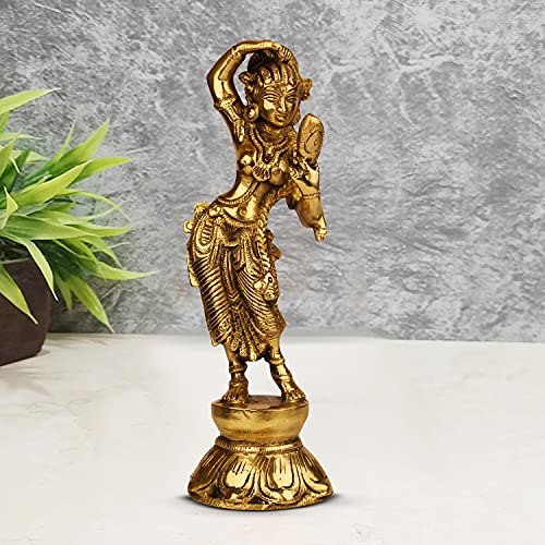 ARTVARKO Brass Lady Looking Mirror Statue for Home Decor Indian Culture Apsara Showpiece Antique Style Women Idol in Brass Decor Gift 8 Inches - Image 1