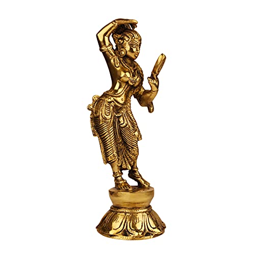 ARTVARKO Brass Lady Looking Mirror Statue for Home Decor Indian Culture Apsara Showpiece Antique Style Women Idol in Brass Decor Gift 8 Inches - Image 3