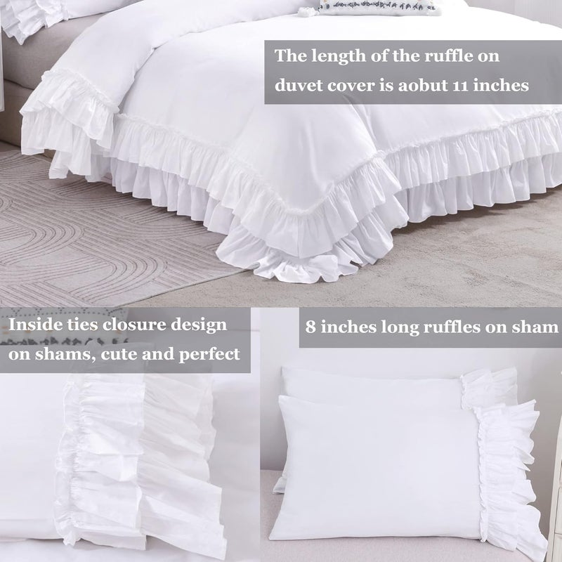 QSH Ruffle White Duvet Cover Queen Size -Washed Cotton Shabby Farmhouse Ruffled Bedding Comforter Cover 3 pcs Aesthetic French Country Queen Duvet Cover Cotton Extra Soft and Breathable - Image 4