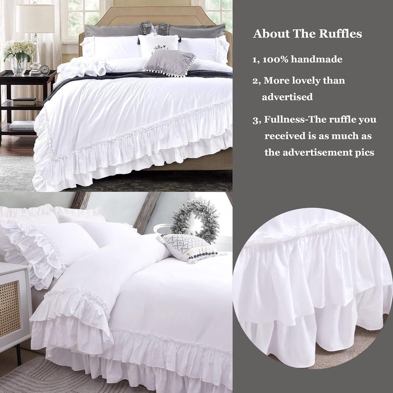 QSH Ruffle White Duvet Cover Queen Size -Washed Cotton Shabby Farmhouse Ruffled Bedding Comforter Cover 3 pcs Aesthetic French Country Queen Duvet Cover Cotton Extra Soft and Breathable - Image 3