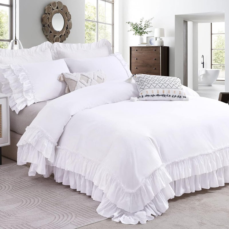 QSH Ruffle White Duvet Cover Queen Size -Washed Cotton Shabby Farmhouse Ruffled Bedding Comforter Cover 3 pcs Aesthetic French Country Queen Duvet Cover Cotton Extra Soft and Breathable - Image 1