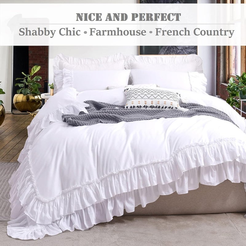QSH Ruffle White Duvet Cover Queen Size -Washed Cotton Shabby Farmhouse Ruffled Bedding Comforter Cover 3 pcs Aesthetic French Country Queen Duvet Cover Cotton Extra Soft and Breathable - Image 2