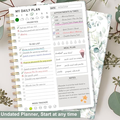 PIOOJK Daily Planner Undated - 6.5"x8.5" To Do List Notebook Spiral Appointment Planner to Organize Tasks & Boost Productivity, Perfect Office & School Supplies for Women & Men, Greenery - Image 3