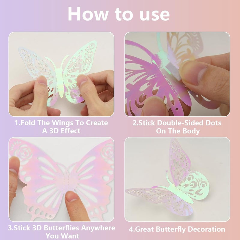 Anwyll 3D Butterfly Wall DecorLaser Pink Butterfly Decoration Stickers 60Pcs 5Style 3SizeRemovable Butterfly Room Decor Birthday Party Decoration Baby Shower Decoration Wedding Decor for Cake Flower - Image 4