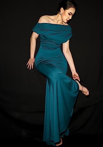 YMDUCH Women's Elegant Sleeveless Off Shoulder Bodycon Long Formal Party Evening Dress Peacock Blue - Image 4