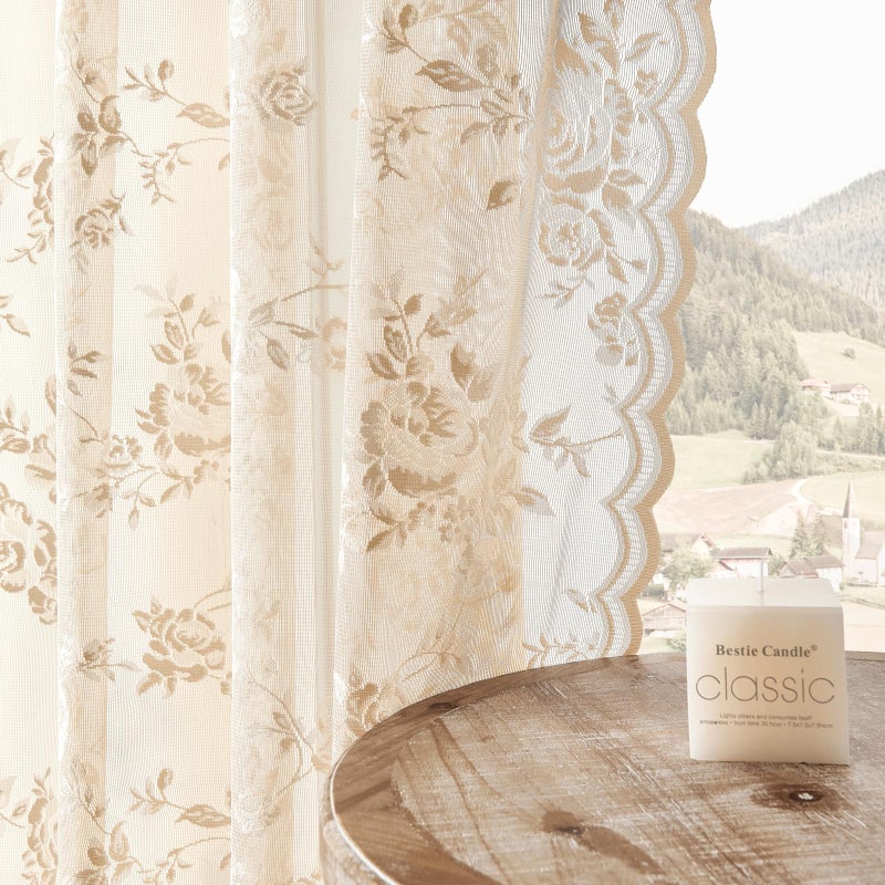 Seekright Beige Lace Curtains 54 Inch Length Country Floral Curtains For Kitchen Cafe Victorian Flower Sheer Curtains 2 Panels Set Rod Pocket Light Filtering Window Drapes Rustic Decor 52X54 - Image 1