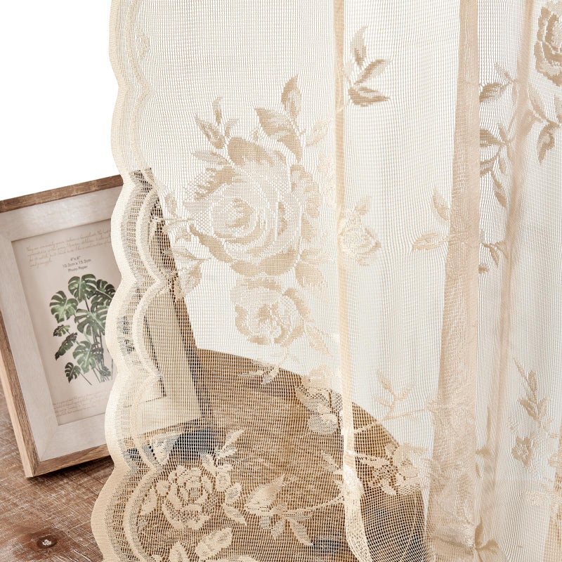 Seekright Beige Lace Curtains 54 Inch Length Country Floral Curtains For Kitchen Cafe Victorian Flower Sheer Curtains 2 Panels Set Rod Pocket Light Filtering Window Drapes Rustic Decor 52X54 - Image 4