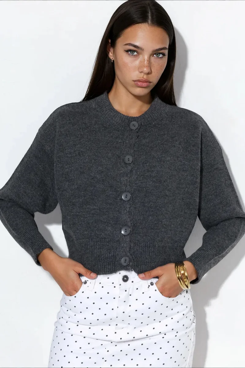 Viorna VIORNA Crop Ribbed Cardigan With Buttons