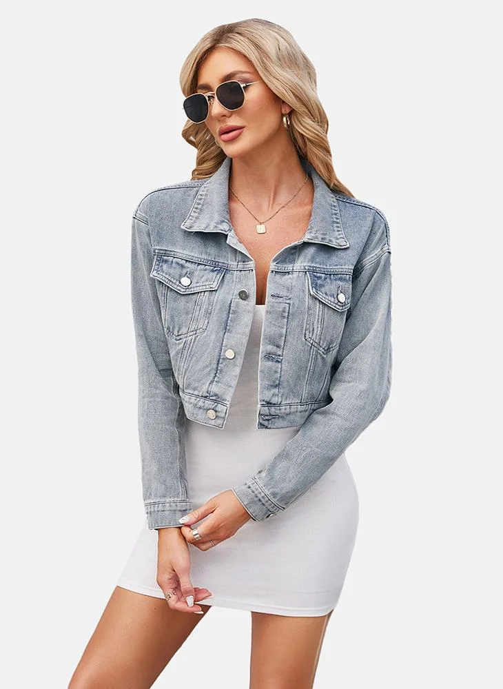 YUNIQEE Blue Plain Regular Fit Long Sleeve Denim Jacket