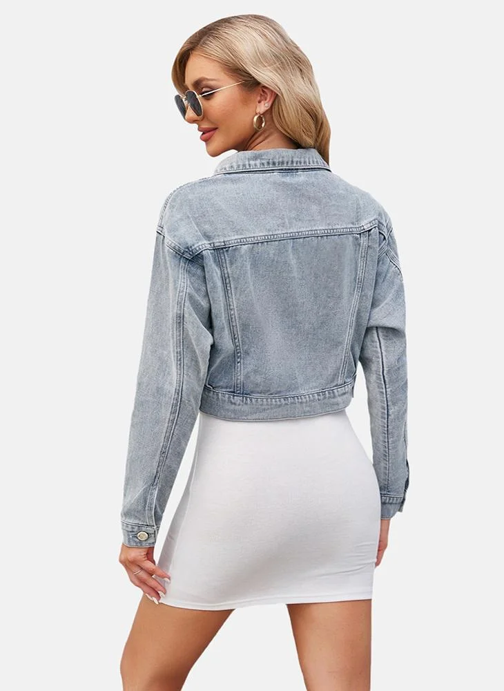 YUNIQEE Blue Plain Regular Fit Long Sleeve Denim Jacket
