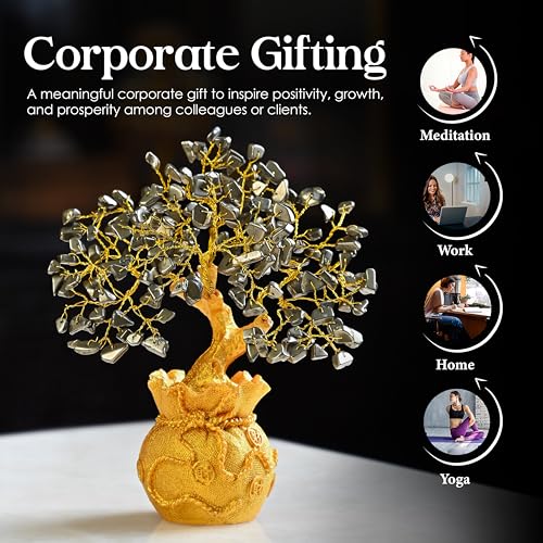 Crocon Pyrite Crystal Money Tree with Golden Potli Base – Wealth, Vastu, Reiki Healing & Good Luck – Feng Shui Bonsai Gift for Women, Friends, Birthday, Home & Office Decor – Handmade Gemstone Tree - Image 5