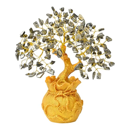 Crocon Pyrite Crystal Money Tree with Golden Potli Base – Wealth, Vastu, Reiki Healing & Good Luck – Feng Shui Bonsai Gift for Women, Friends, Birthday, Home & Office Decor – Handmade Gemstone Tree - Image 1