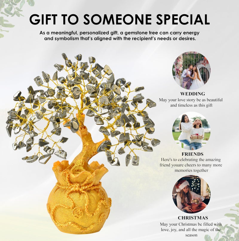 Crocon Pyrite Crystal Money Tree with Golden Potli Base – Wealth, Vastu, Reiki Healing & Good Luck – Feng Shui Bonsai Gift for Women, Friends, Birthday, Home & Office Decor – Handmade Gemstone Tree - Image 4