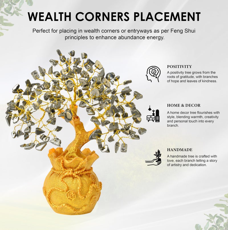 Crocon Pyrite Crystal Money Tree with Golden Potli Base – Wealth, Vastu, Reiki Healing & Good Luck – Feng Shui Bonsai Gift for Women, Friends, Birthday, Home & Office Decor – Handmade Gemstone Tree - Image 3