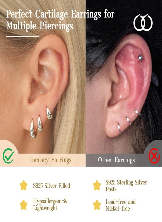 Inerney 925 Sterling Silver Hoop Earrings Set for Women, Dainty Small Chunky Huggie Earrings for Multiple Piercing Lightweight Hypoallergenic Jewelry, Trendy Thick Cartilage Earrings for Women's Gifts - Image 3