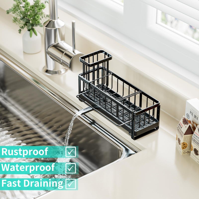 HapiRm Sponge Holder for Kitchen Sink - Self-draining Sink Caddy with Brush and Dishcloth Holders, Stainless Steel Kitchen Organizer for Countertop - Black - Image 5