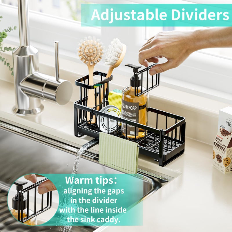 HapiRm Sponge Holder for Kitchen Sink - Self-draining Sink Caddy with Brush and Dishcloth Holders, Stainless Steel Kitchen Organizer for Countertop - Black - Image 4