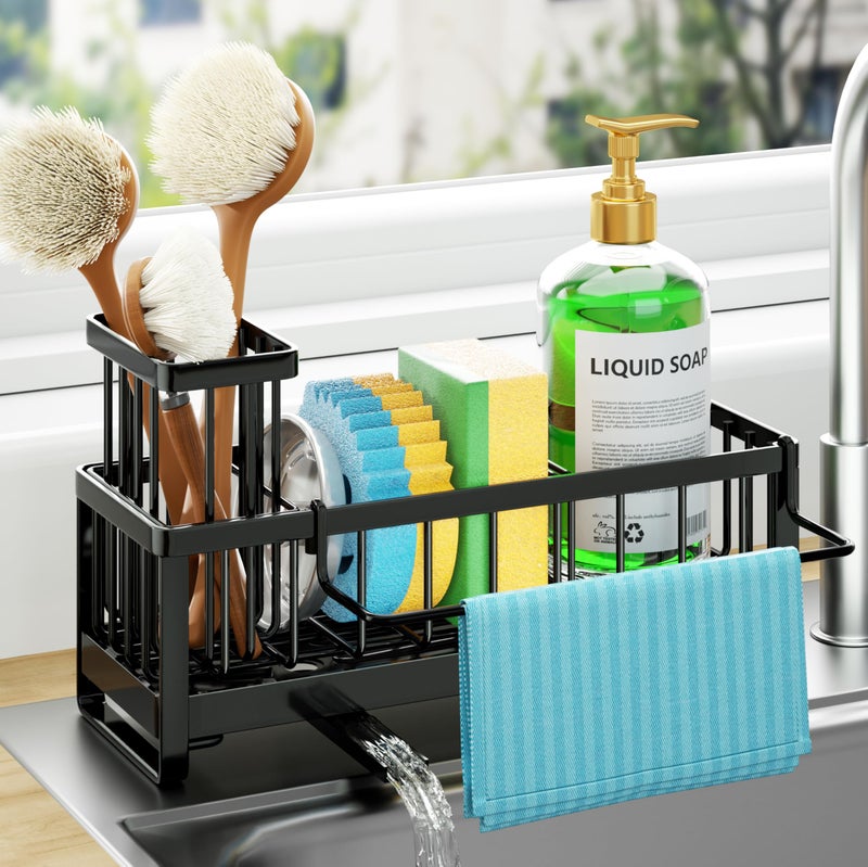 HapiRm Sponge Holder for Kitchen Sink - Self-draining Sink Caddy with Brush and Dishcloth Holders, Stainless Steel Kitchen Organizer for Countertop - Black - Image 1