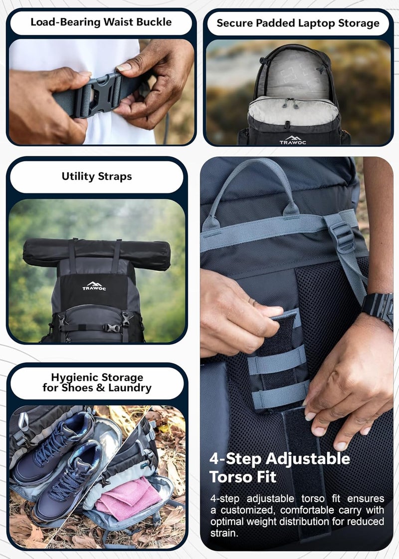 Trawoc TRAILMASTER 80L Rucksack Bag for Men & Women, Large Water Resistant Trekking Hiking Bag Travel Backpack - Image 5