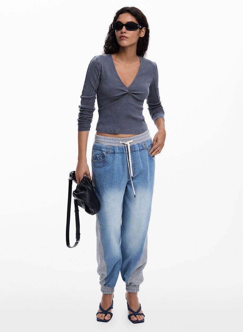DESIGUAL Long-Sleeved T-Shirt In Slightly Elastic Rib Knit With V-Neckline Knotted-Effect Detail - Image 5