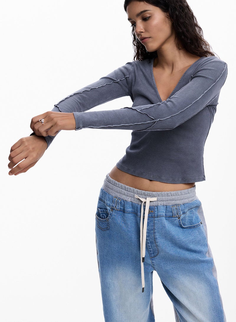 DESIGUAL Long-Sleeved T-Shirt In Slightly Elastic Rib Knit With V-Neckline Knotted-Effect Detail - Image 1