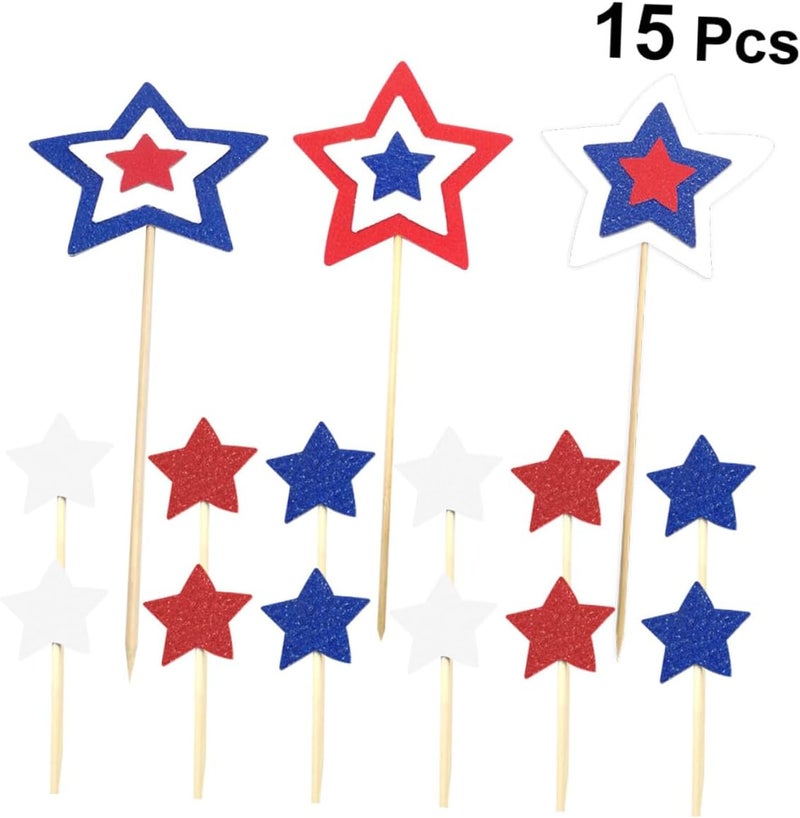 Mikinona 15pcs Tricolor Paper Cake Toppers Pentagram Fruit Picks American Independence Day Party Decorations for Birthday and July 4th Celebration - Image 3