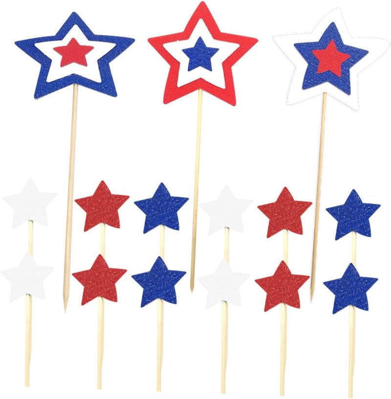 Mikinona 15pcs Tricolor Paper Cake Toppers Pentagram Fruit Picks American Independence Day Party Decorations for Birthday and July 4th Celebration - Image 1