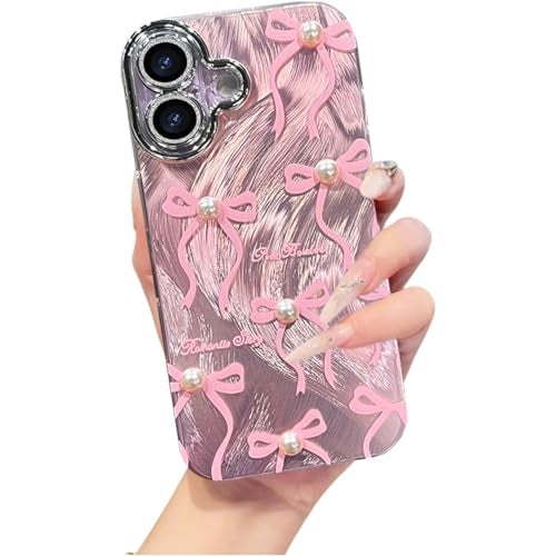 VONZEE Compatible with iPhone 17 6.3'' Case Luxury Pink Girly Cute 3D Bow Pearl Glitter Bling Case with Full Camera Protection Shockproof PC+TPU Glossy Shiny Cover for Girls Women, Pink - Image 1