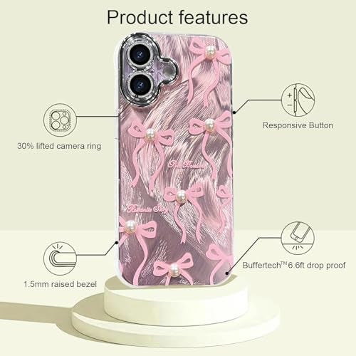VONZEE Compatible with iPhone 17 6.3'' Case Luxury Pink Girly Cute 3D Bow Pearl Glitter Bling Case with Full Camera Protection Shockproof PC+TPU Glossy Shiny Cover for Girls Women, Pink - Image 4