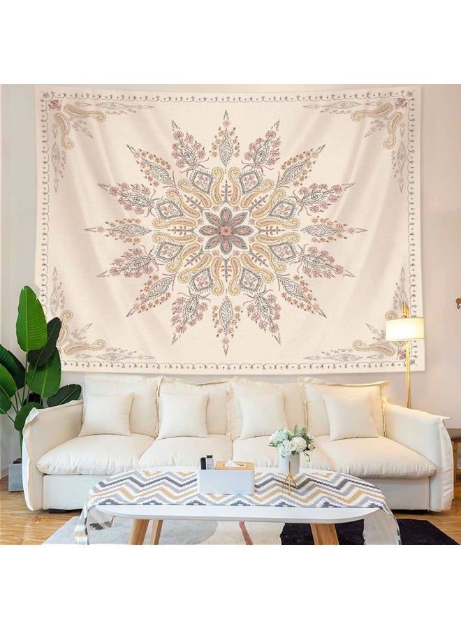 Neasow Bohemian Tapestry Wall Hanging, Beige White Floral Tapestry with Medallion Print Bedroom Boho Home Decor, WhiteSimple, Large 36×48 inches - Image 3