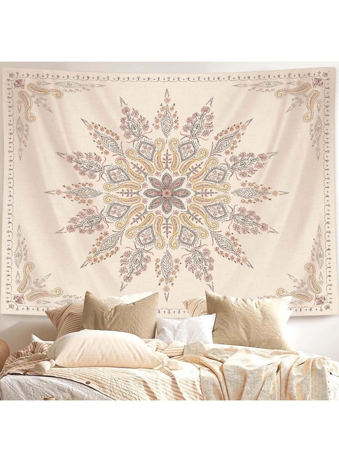 Neasow Bohemian Tapestry Wall Hanging, Beige White Floral Tapestry with Medallion Print Bedroom Boho Home Decor, WhiteSimple, Large 36×48 inches - Image 5
