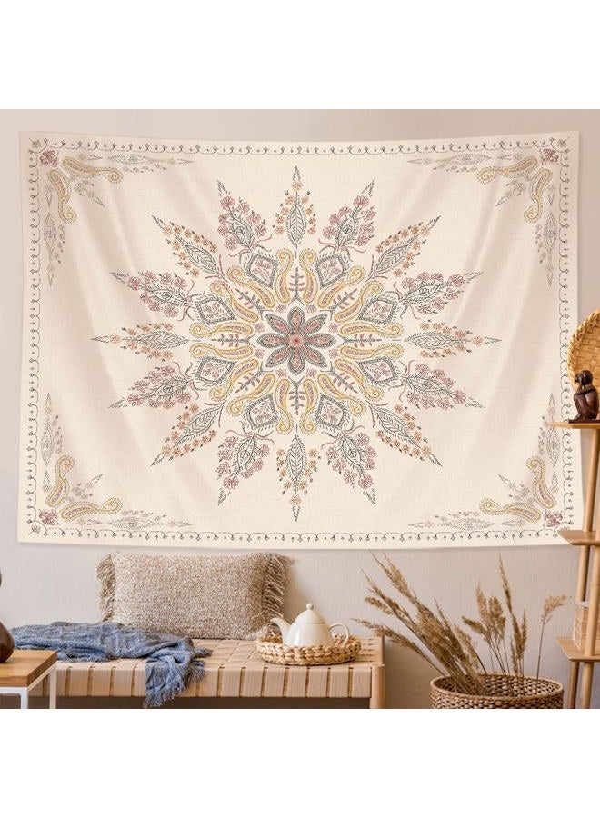 Neasow Bohemian Tapestry Wall Hanging, Beige White Floral Tapestry with Medallion Print Bedroom Boho Home Decor, WhiteSimple, Large 36×48 inches - Image 2