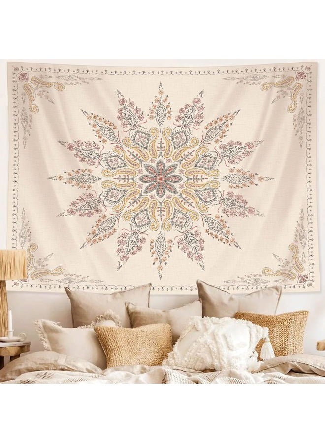 Neasow Bohemian Tapestry Wall Hanging, Beige White Floral Tapestry with Medallion Print Bedroom Boho Home Decor, WhiteSimple, Large 36×48 inches - Image 1